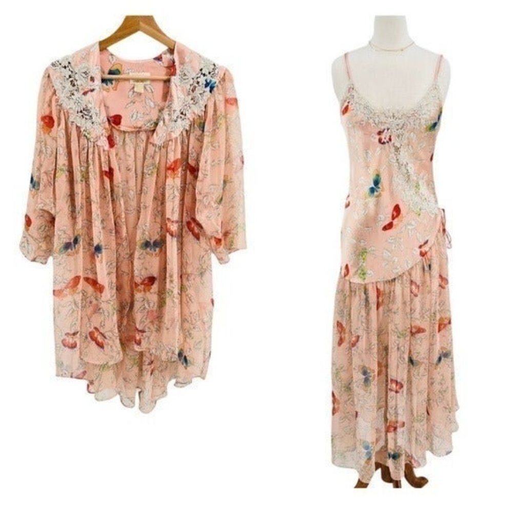 VICTORIA’S SECRET Vintage Floral Satin & Sheer Nightgown & Robe Set Size XS